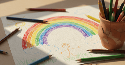 Child’s rainbow drawing with coloured pencils