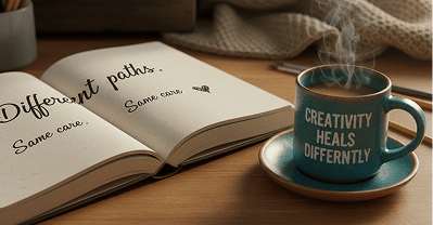 Open journal beside a mug that reads Creativity Heals Differently